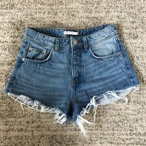 Zara Denim Shorts High‎ Waist Frayed Hem Blue Jean Shorts Women's Size 4